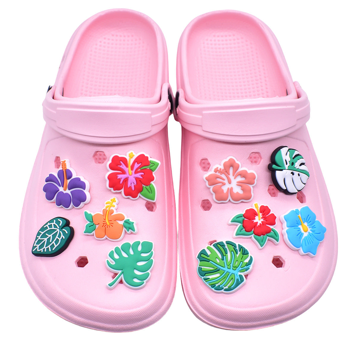 10Pcs Cute Cartoon Monstera Deliciosa Hibiscus DIY Ideas Series Charms - For Crocs Shoes EVA Bogg Bag Accessories
