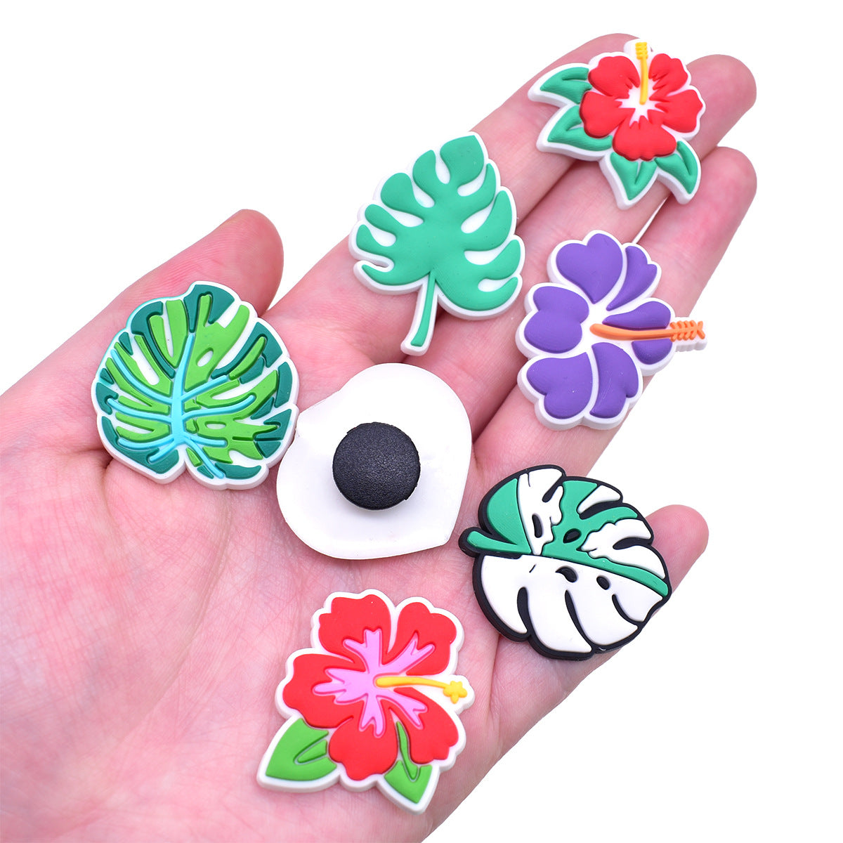 10Pcs Cute Cartoon Monstera Deliciosa Hibiscus DIY Ideas Series Charms - For Crocs Shoes EVA Bogg Bag Accessories