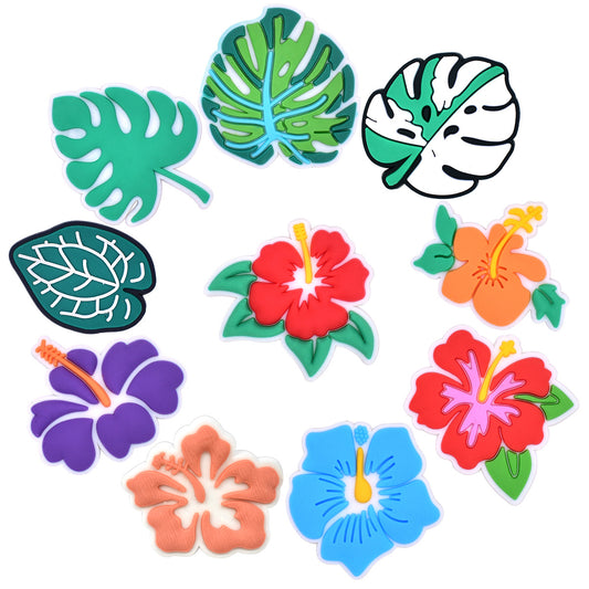 10Pcs Cute Cartoon Monstera Deliciosa Hibiscus DIY Ideas Series Charms - For Crocs Shoes EVA Bogg Bag Accessories