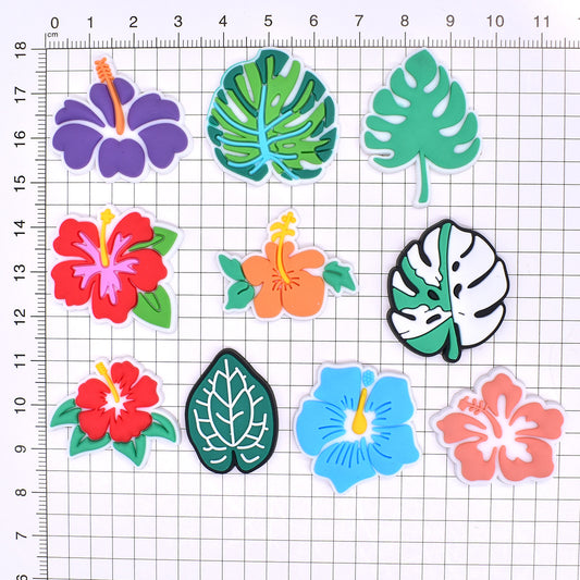 10Pcs Cute Cartoon Monstera Deliciosa Hibiscus DIY Ideas Series Charms - For Crocs Shoes EVA Bogg Bag Accessories